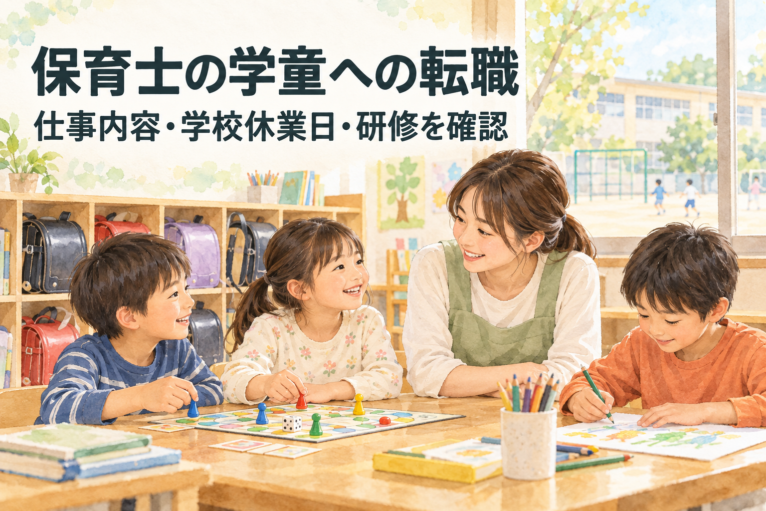 「保育士の学童への転職」「仕事内容・学校休業日・研修を確認」の文字と、卓上ゲームや絵を楽しむ小学生、話を聞く支援者、ランドセルを描いた水彩イラスト