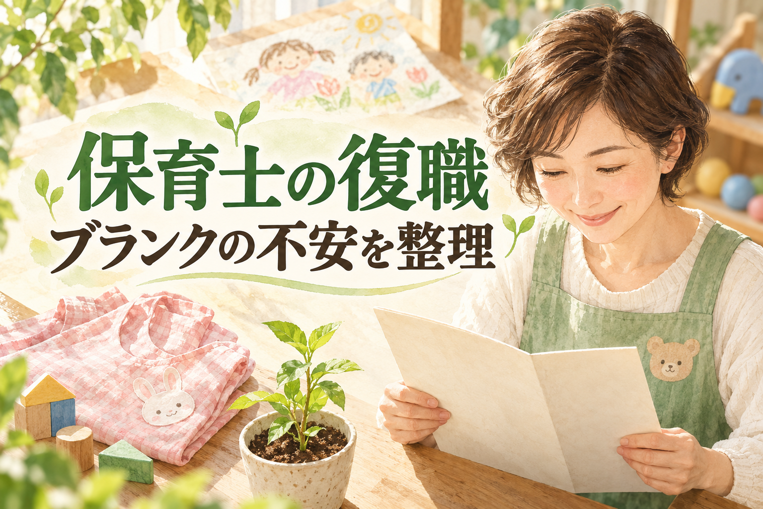 保育士のブランクの不安を整理する見出しと、資格の書類とエプロンを確認する女性
