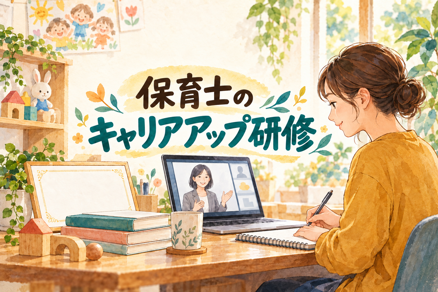 保育士のキャリアアップ研修の見出しと、パソコンで受講しノートを取る人物