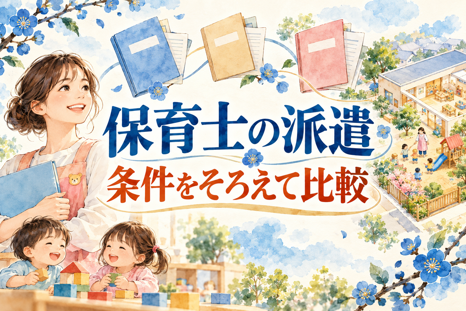 保育士の派遣を比較する見出しと、契約書類のファイル、保育室と園庭を描いたイラスト