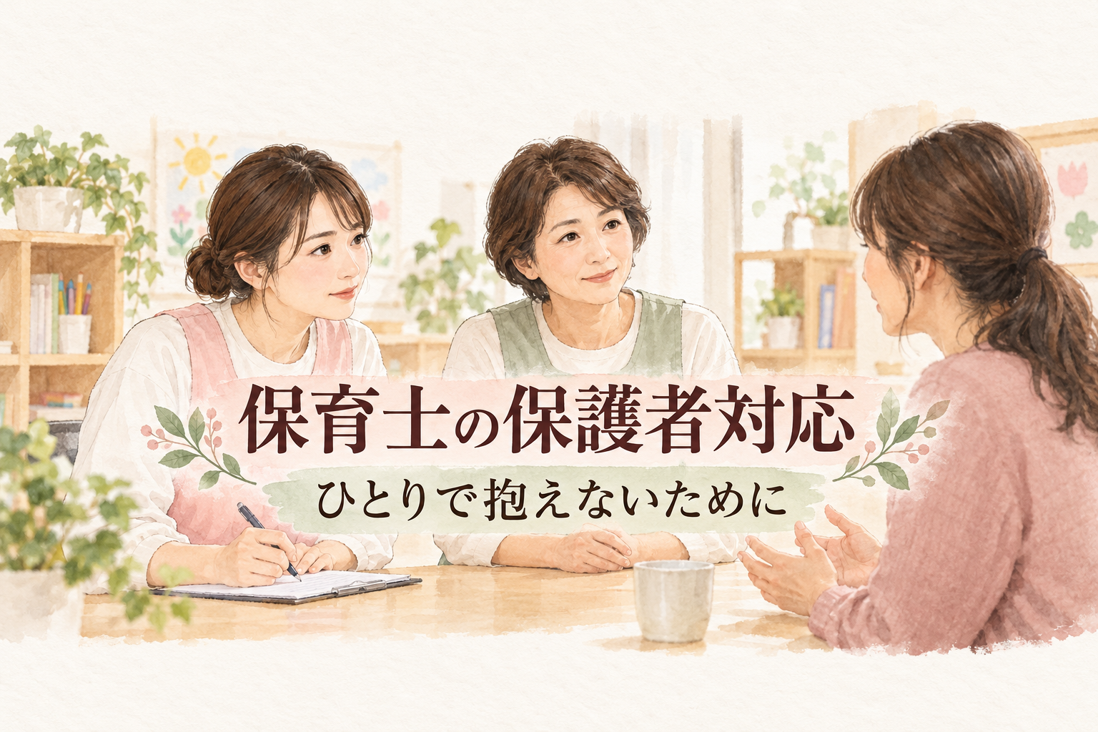 保育士の保護者対応の見出しと、同僚と一緒に保護者の話を聞く場面
