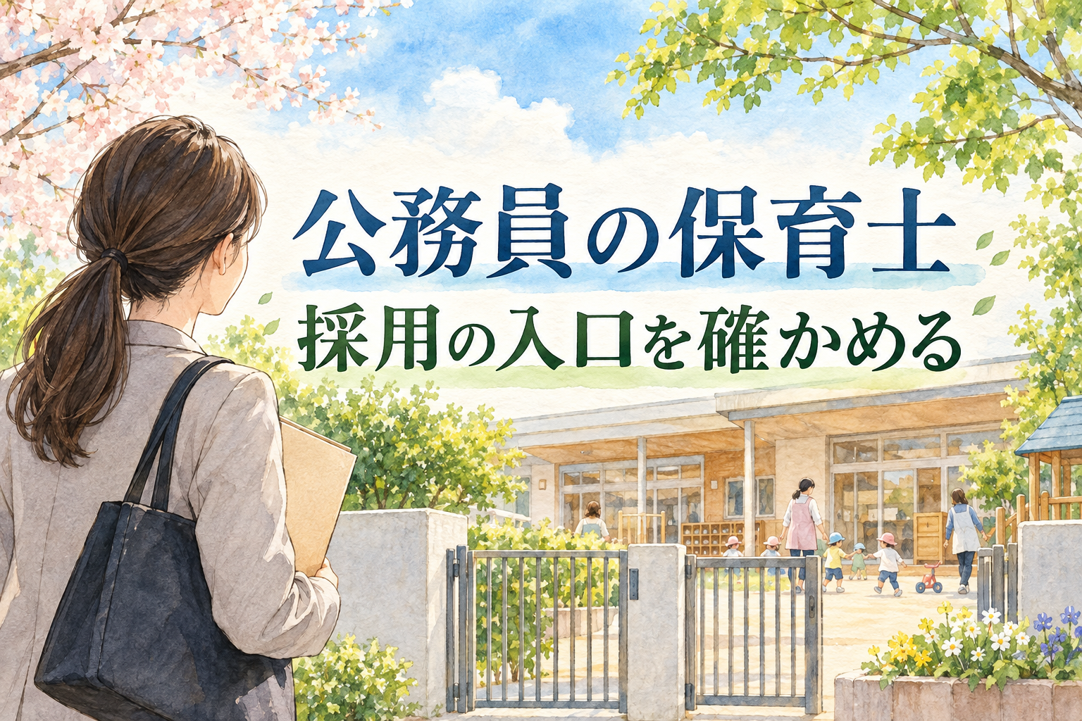 公務員の保育士の見出しと、書類を持って園の入口へ向かう人物