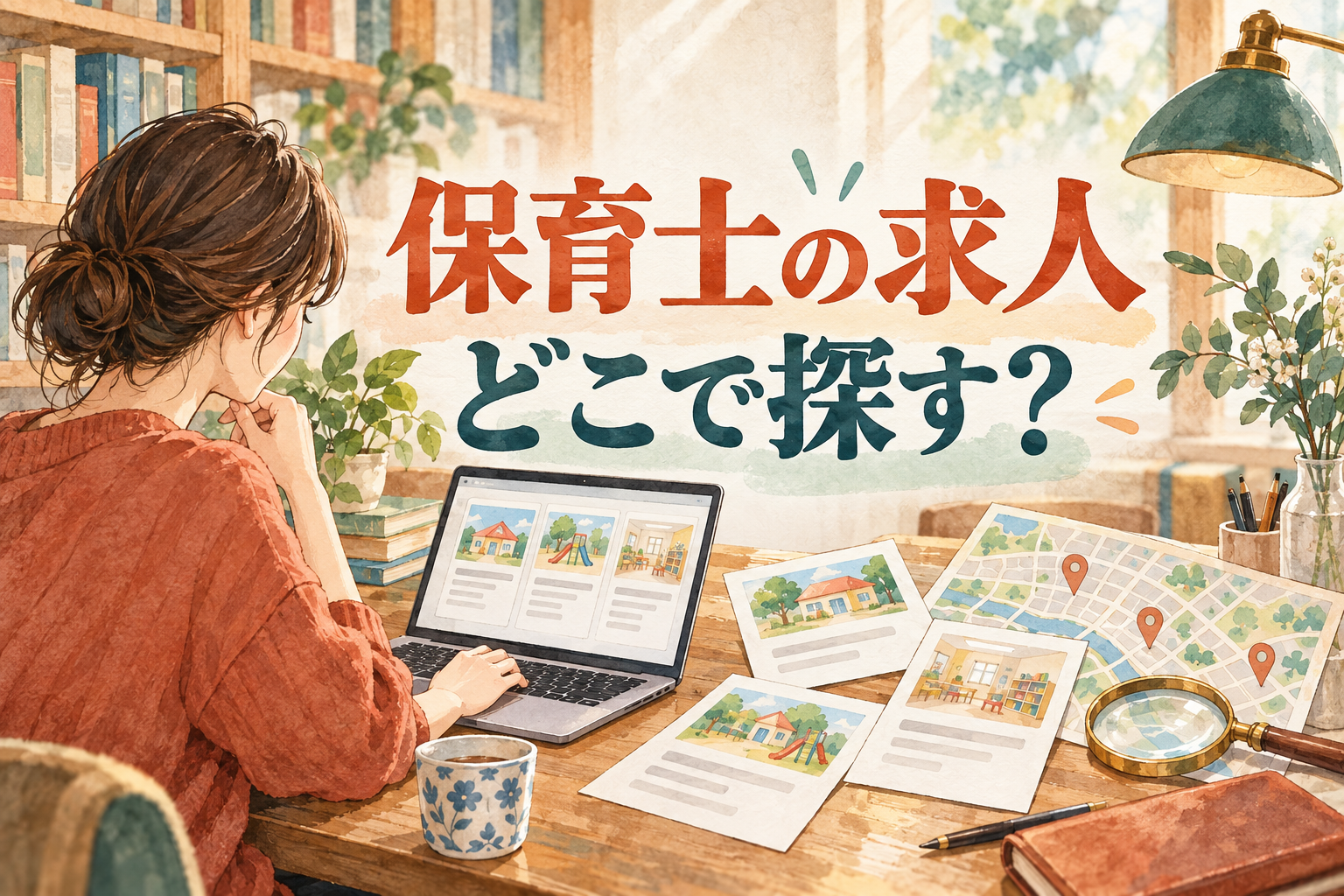 保育士の求人の見出しと、パソコンの求人カードや地図を調べる人物