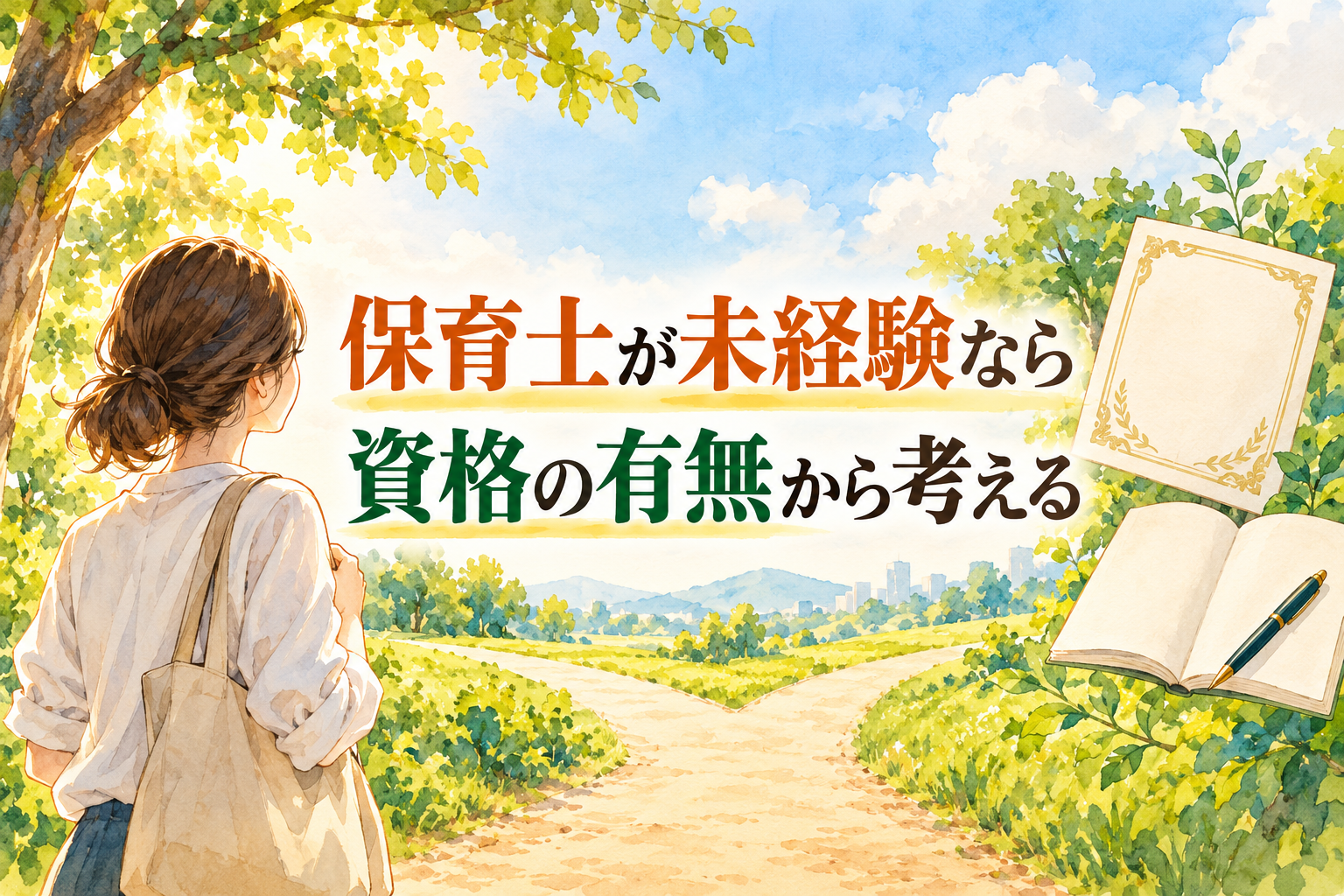 保育士の未経験の見出しと、分かれ道に立つ人物、資格の書類と学習用の本