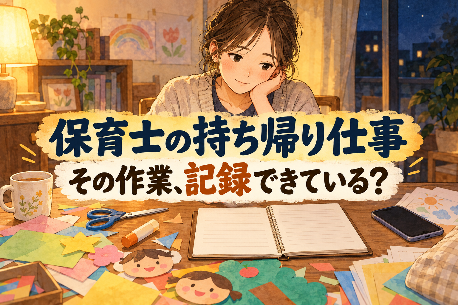 保育士の持ち帰り仕事の見出しと、自宅の机にある制作物、はさみと記録ノート
