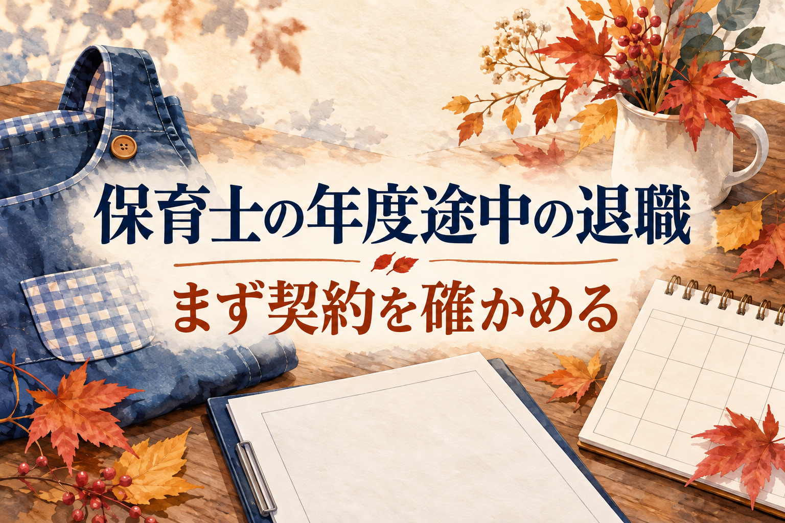 保育士の年度途中の退職の見出しと、契約の書類、カレンダー、畳んだエプロン