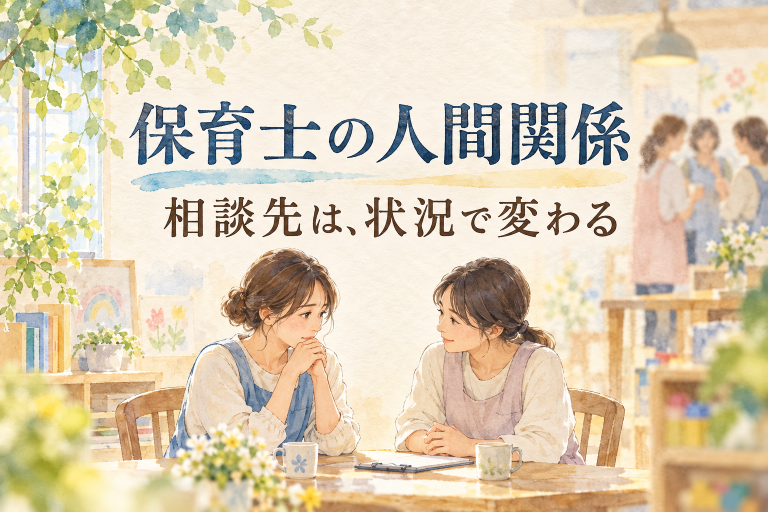 保育士の人間関係の見出しと、別室で相談相手に話す人物