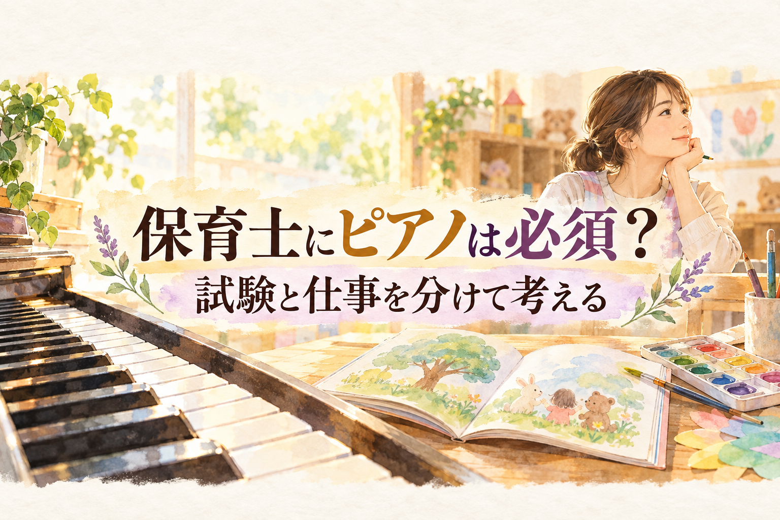 保育士のピアノの見出しと、鍵盤、絵本、絵の具を並べた場面