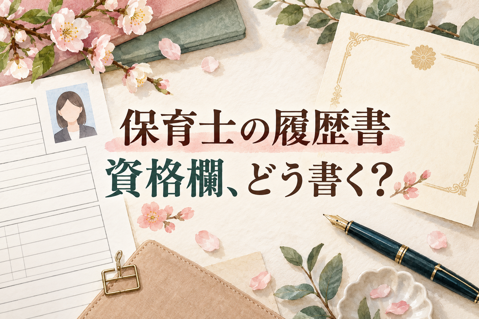 保育士の履歴書の見出しと、資格の書類、記入用紙とペンを並べた机
