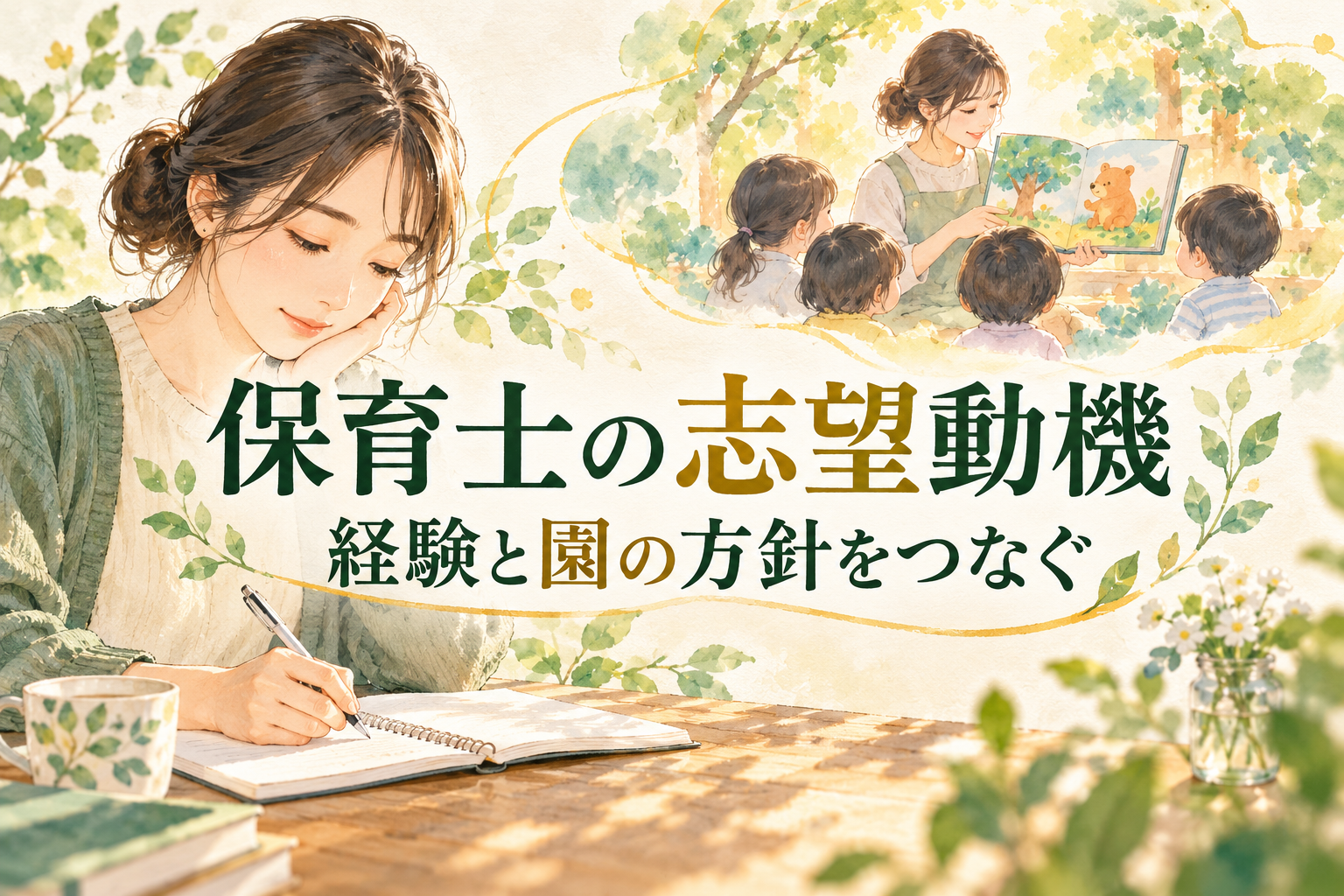 保育士の志望動機の見出しと、読み聞かせの経験を思い浮かべて書く人物