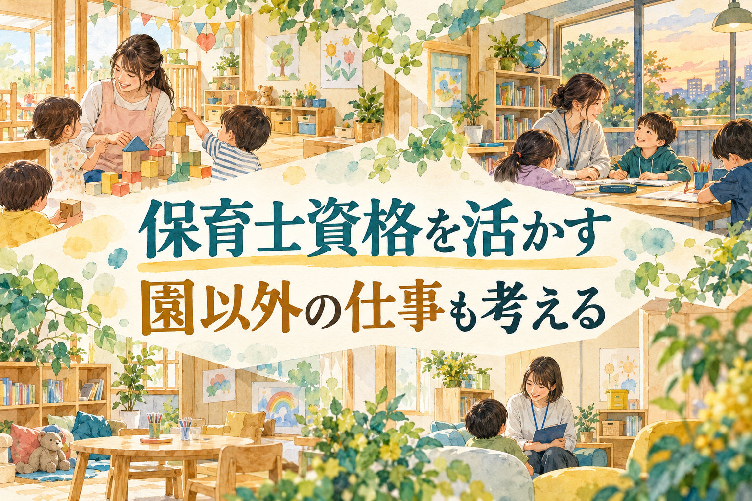 保育士の資格を活かせる仕事の見出しと、保育室や子どもの支援の場を描いたイラスト