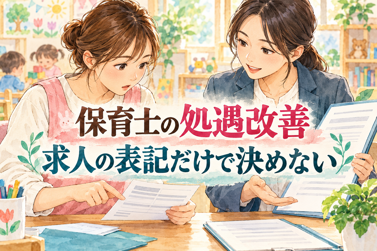 保育士の処遇改善の見出しと、給与明細と条件の書類を照合して相談する場面