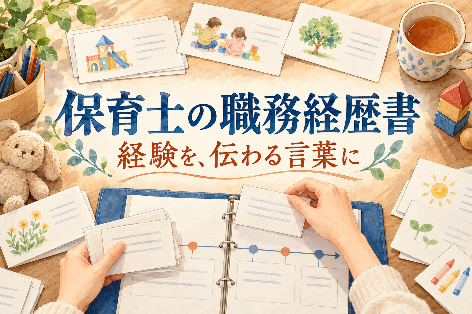 保育士の職務経歴書の見出しと、経験のカードを書類のファイルに整理する手元
