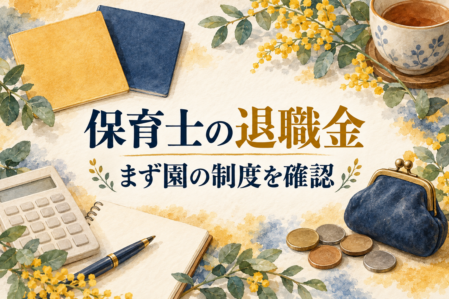 保育士の退職金の見出しと、制度の冊子、財布と無地の硬貨
