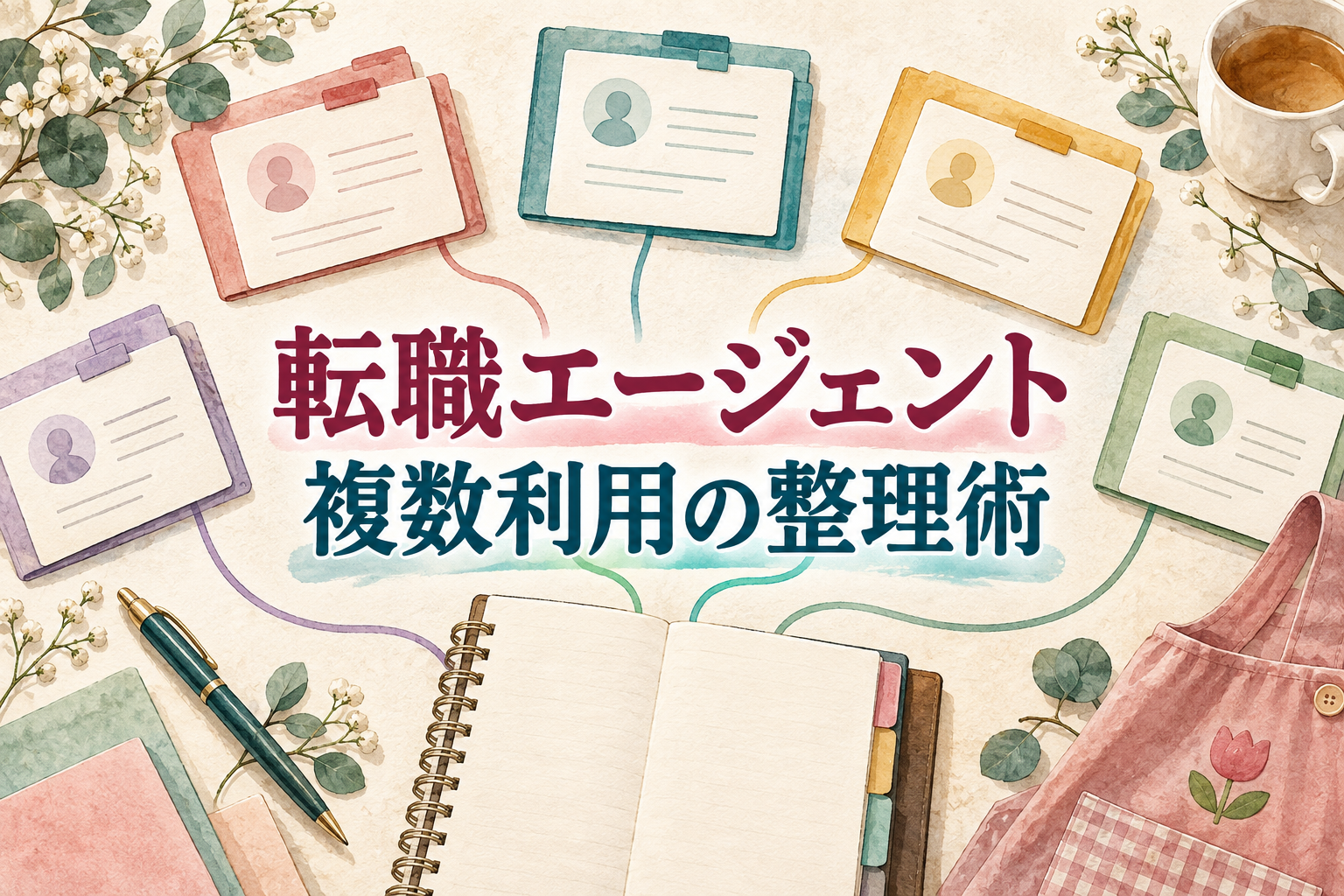 保育士の転職エージェントの複数利用を示す見出しと、連絡先カードを応募ノートに整理した机