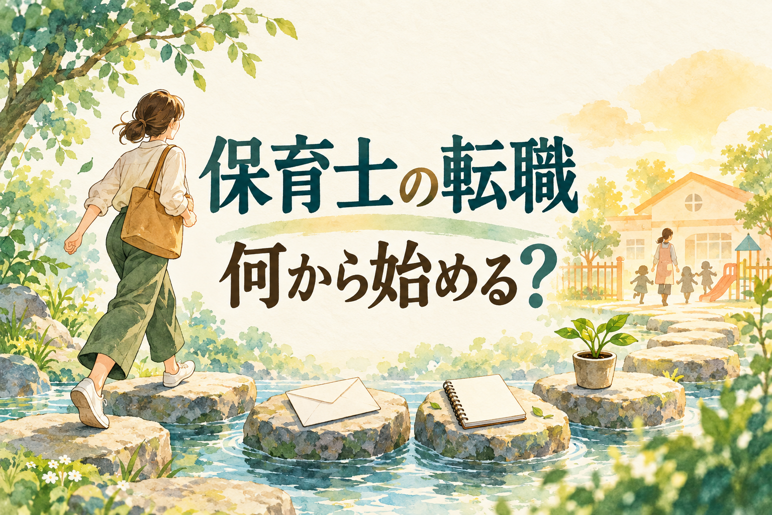 保育士の転職の見出しと、書類やノートを道しるべに歩く人物