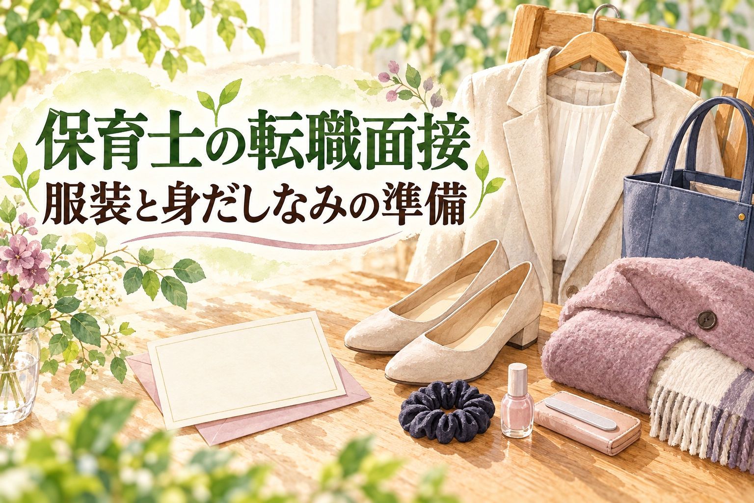 保育士 転職面接 服装と身だしなみの準備例を示す水彩イラスト