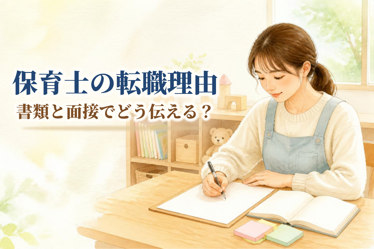 保育士の転職理由の見出しと、机で書類に書き込むエプロン姿の人物、開いたノートと付せんを描いた水彩風のイラスト