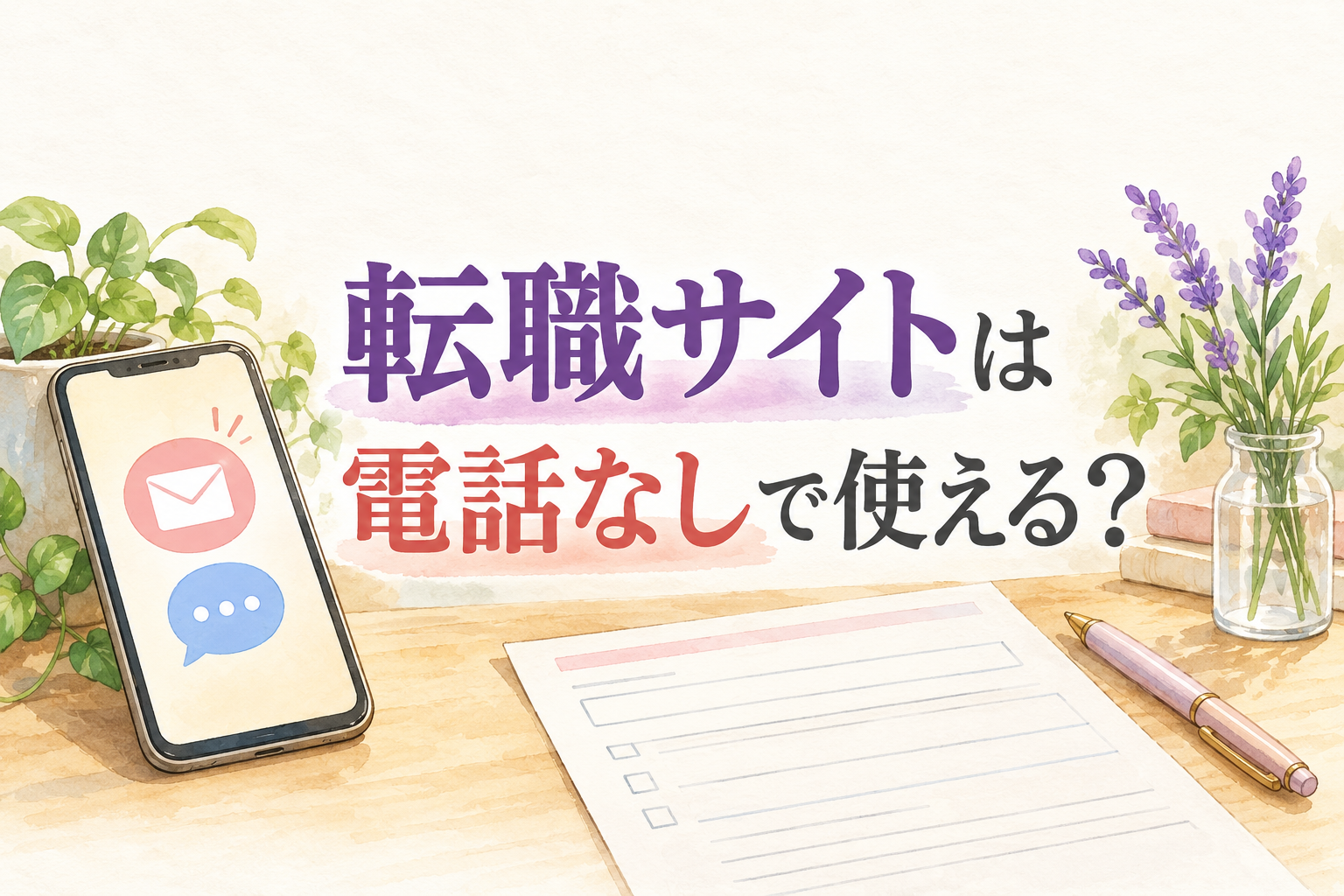 保育士の転職サイトを電話なしで使えるか問う見出しと、メールと会話の記号があるスマートフォン