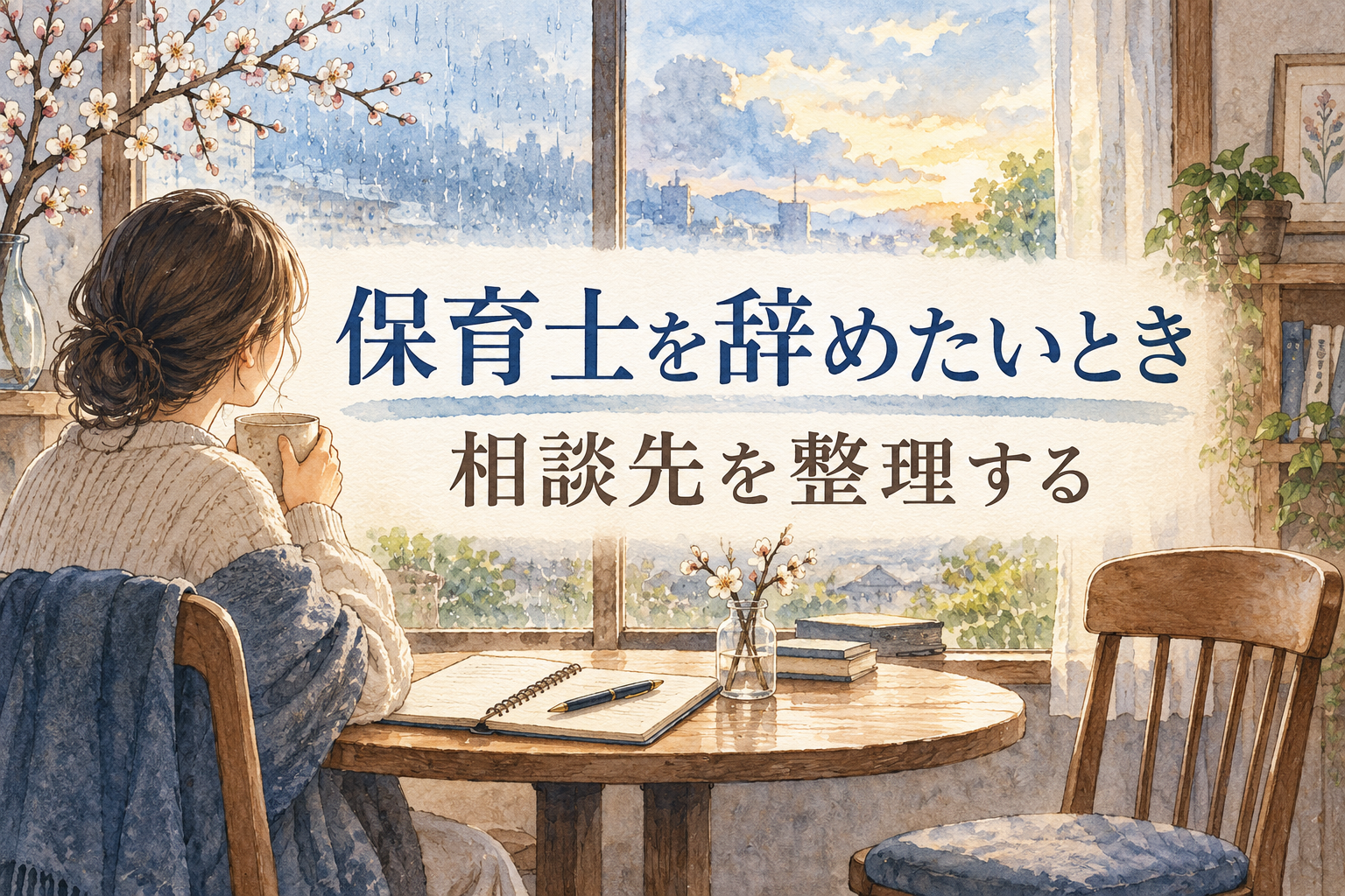 保育士を辞めたいときの見出しと、ノートを置いた窓辺でカップを持つ人物