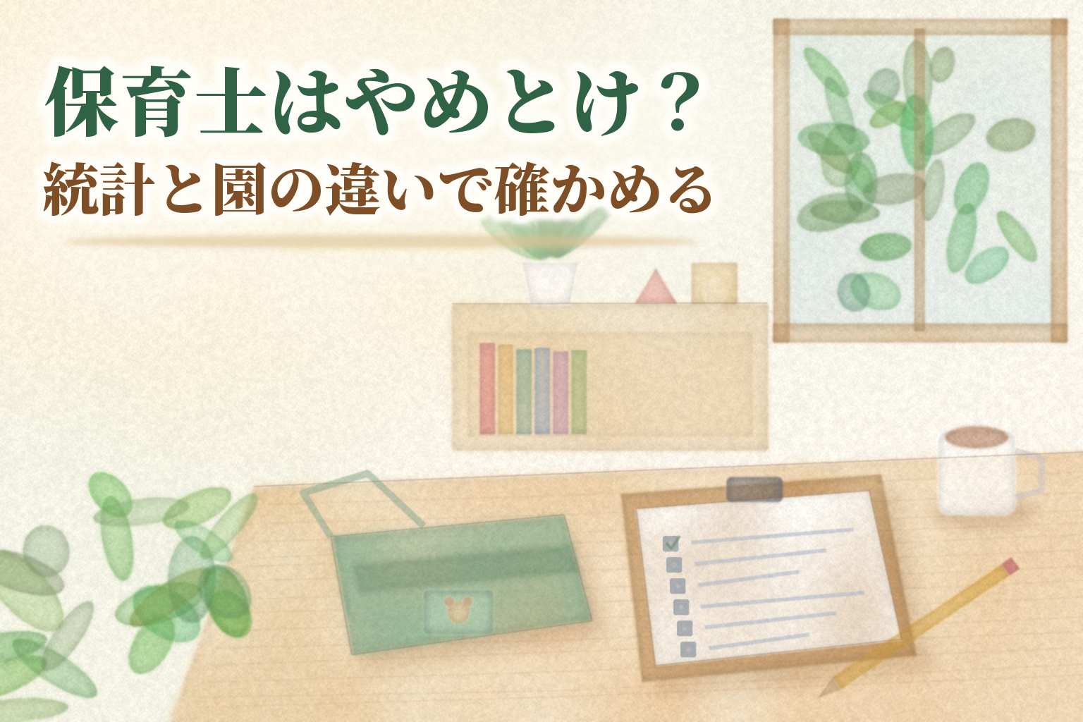 保育士はやめとけ?の見出しと、机の上のたたんだエプロン、チェック用紙をはさんだクリップボード、鉛筆、棚の絵本を描いた水彩風のイラスト