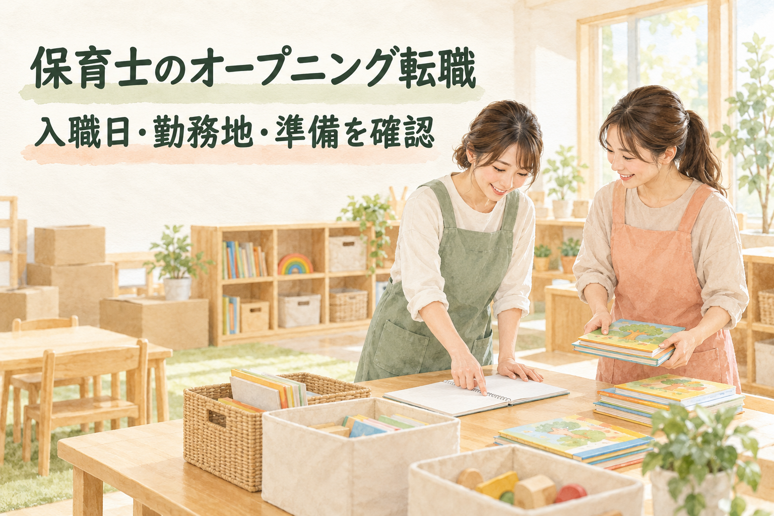 「保育士のオープニング転職」「入職日・勤務地・準備を確認」の文字と、新しい保育室でノートを見て絵本やかごを整える保育職2人の水彩イラスト