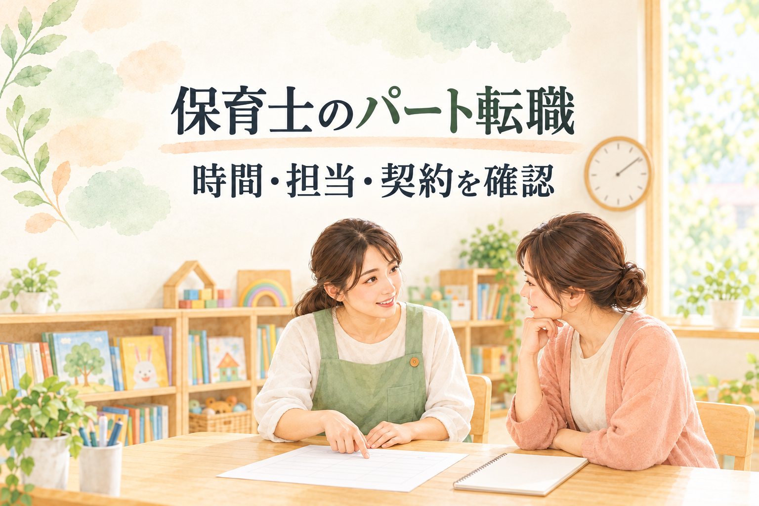 「保育士のパート転職」「時間・担当・契約を確認」の文字と、園の机で予定表とノートを見ながら勤務を相談する職員2人を描いた水彩イラスト