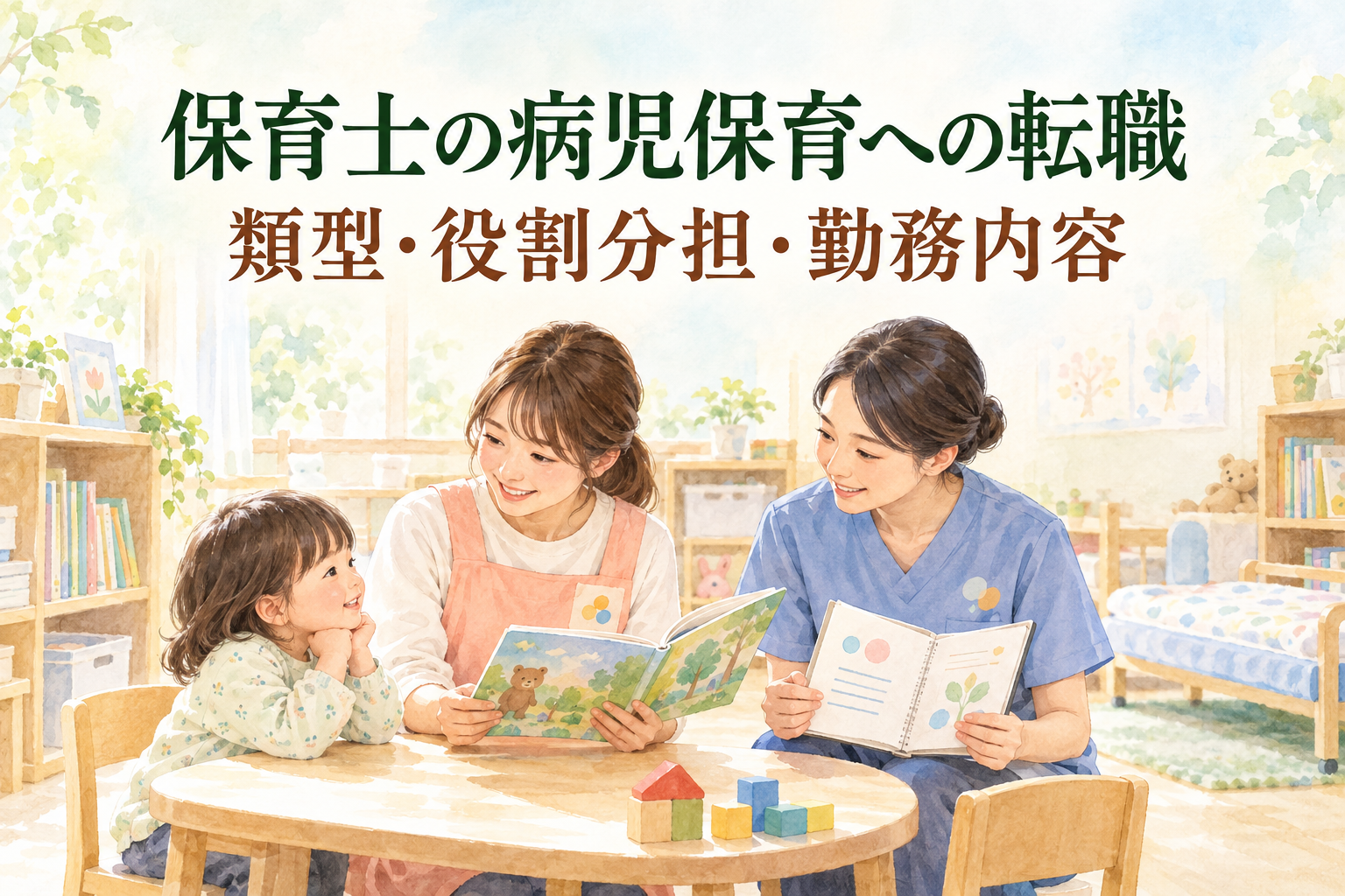 「保育士の病児保育への転職」「類型・役割分担・勤務内容」の文字と、子どもと絵本を読む保育職、記録を持つ看護職を描いた水彩イラスト
